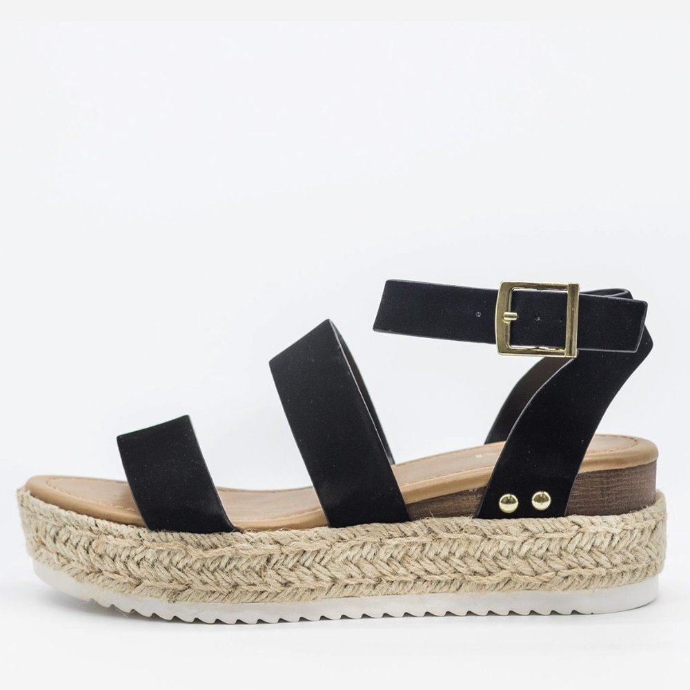 NEW🔥 Black Open Toe Buckle  Ankle Strap Platform Wedge Heel Espadrille Sandals - Picture 5 of 6
